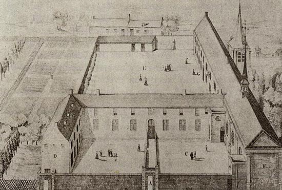 Oudste voorstelling van het klooster in de Iepersestraat in Moorslede (1840)