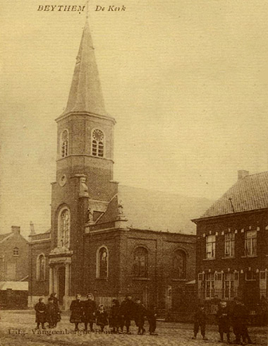 De eerste kerk van Beitem op een 19de-eeuwse poskaart (Vangeenberghe-Bonte).