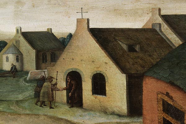 De vreemdelingen herbergen. Fragment van een schilderij van een leerling van Brueghel de Jongere de werken van barmhartigheid (17de eeuw)