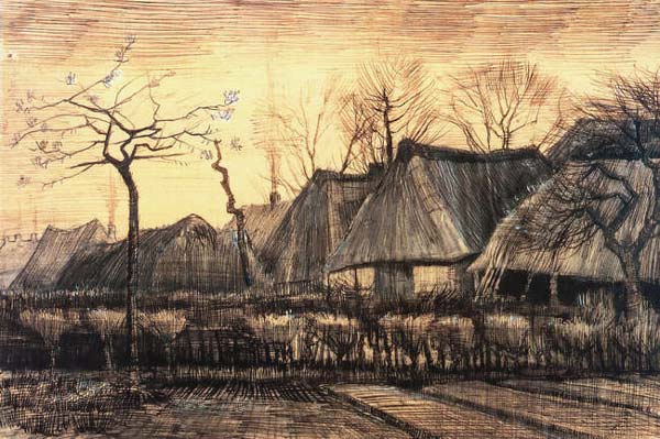 Huisjes met strodaken. Tekening van Vincent Van Gogh.