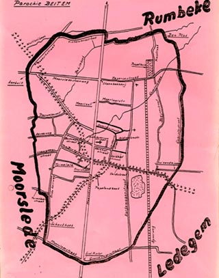 Kaart van de parochie Beitem, met de grensafbakening van 1889 (Bron: R. Plovie)