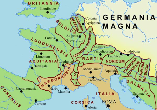 Kaart met de Romeinse provincie-indeling van o.m. Gallië (Bron: Wikimedia)