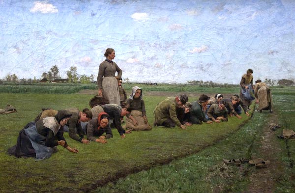 Wieden: in het voorjaar geknield het onkruid verwijderen tussen het opschietend vlas (Emile Claus, 1887. Antwerpen, KMSK).