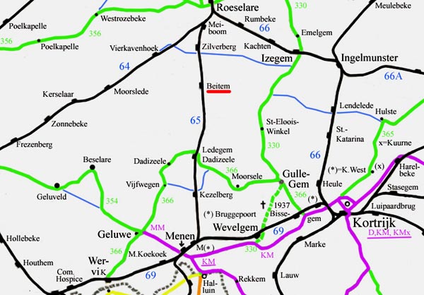 Kaart met de spoorlijn 65 tussen Roeselare en Menen, met stopplaats in o.m. Beitem.