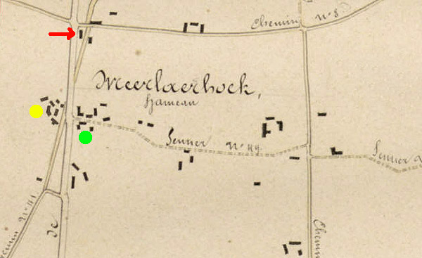 Rode pijl duidt de Meerlaanschool aan op kaart van de Atlas der Buurtwegen, 1841.  (Bron: AGIV/KBR).