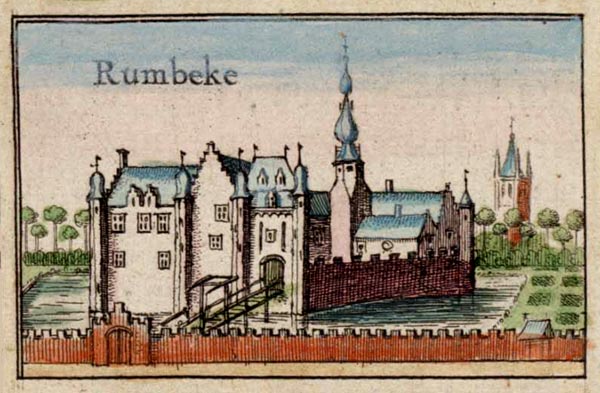 Het kasteel van de Heerlijkheid van Rumbeke. Kaart van de Kasselrij Ieper (detail). Joan Blaeu, 1641.