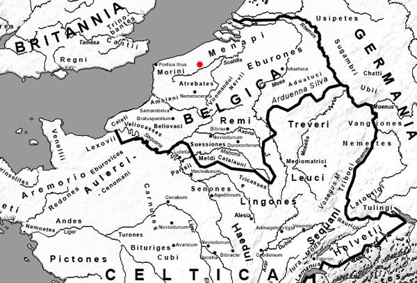 Kaart van de provincie Gallia Belgica, kort na de Romeinse veroveringen. De rode stip toont de ligging van het huidige Beitem (Bron:Wikimedia)