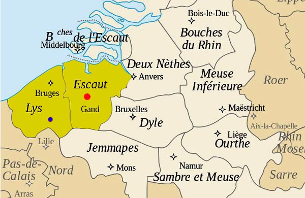 Kaart met de departementen in ons land tijdens de Franse Tijd. Door het Concordaat vormden het Leiedepartement (Département de la Lys) en het Scheldedepartement (Département de l'Escaut) één groot bisdom Gent (rode stip). Rumbeke (blauwe stip) lag in het district Brugge (Bron: Wikimedia). 