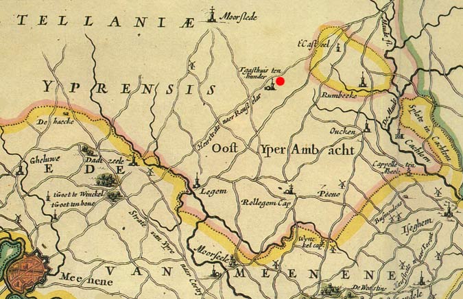 Op deze kaart van Joan Blaeu uit 1662 is de naam Beitem nog niet te bespeuren. Toen stond daar alléén het Gasthuis ten Bunderen (rode stip)