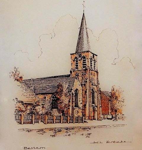 De parochiekerk van Beitem. Joël Verbeke, ingekleurde pentekening, 1981.