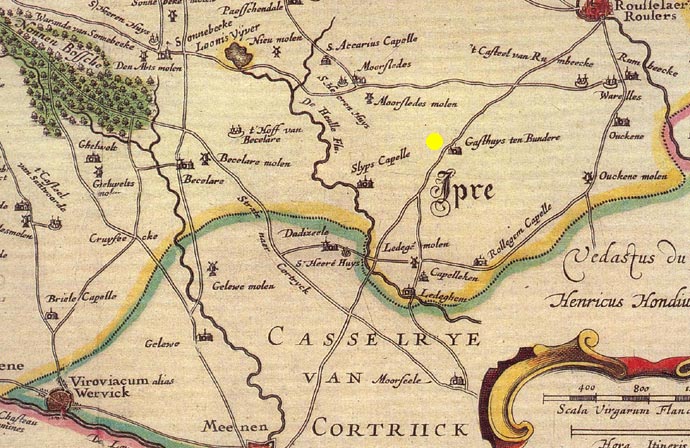 De Oude Heerweg op de kaart 'De Casselrye van Ipre' van Joan Blaeu (1662)