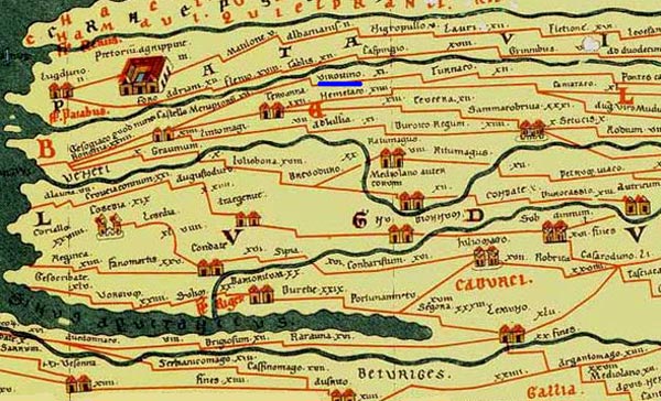 Wervik, ooit een belangrijke Romeinse nederzetting, staat vermeld als Virovino (blauw onderlijnd) op de fameuze Peutinger kaart (Tabula Peutingeriana), een 13de eeuwse kopie van een Romeinse reiskaart uit de 3de of 4de eeuw. (Wenen, Österreichische Nationalbibliothek)