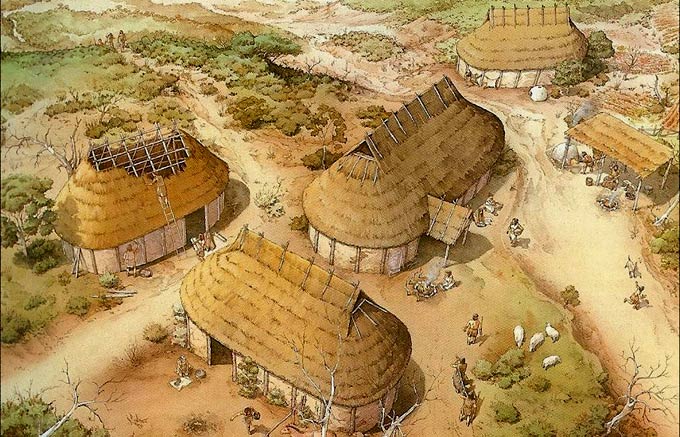 Reconstructie-tekening van een dorp uit het bronstijdperk.