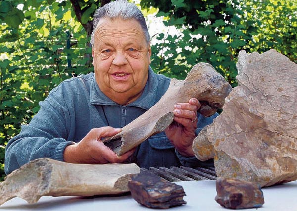 Archeoloog J. Goderis toont beenderen van dieren gevonden in de kleigroeve in Oekene (Foto: Het Laatste Nieuws, 6 mei 2011).