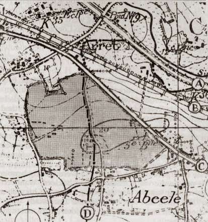Plan van Flugplatz Abeele. D geeft de grens tussen Rumbeke (L) en Izegem (R.)