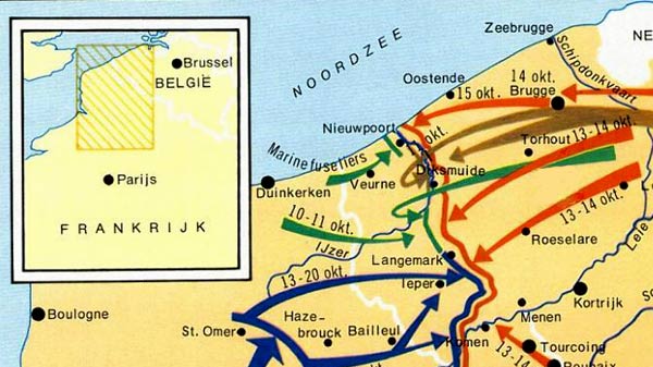 De opmars van de Duitsers in West-Vlaanderen, halfweg oktober 1914.