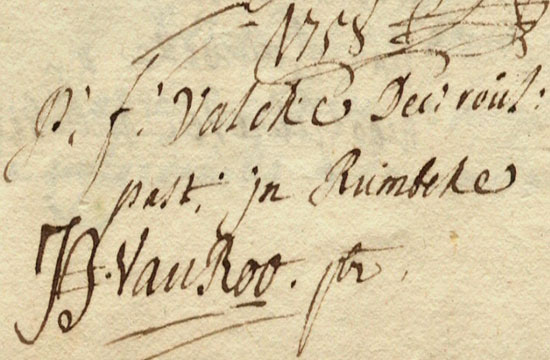 Handtekening van pastoor Valcke en kanunnik Van Roo onder het stichtingsdocument van de Zusters.