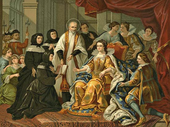 St.-Vincentius en zijn eerste Dochters van Liefde bij koningin Anna van Oostenrijk. Schilderij, 18de eeuw. Parijs, Eglise de Ste.-Marguerite